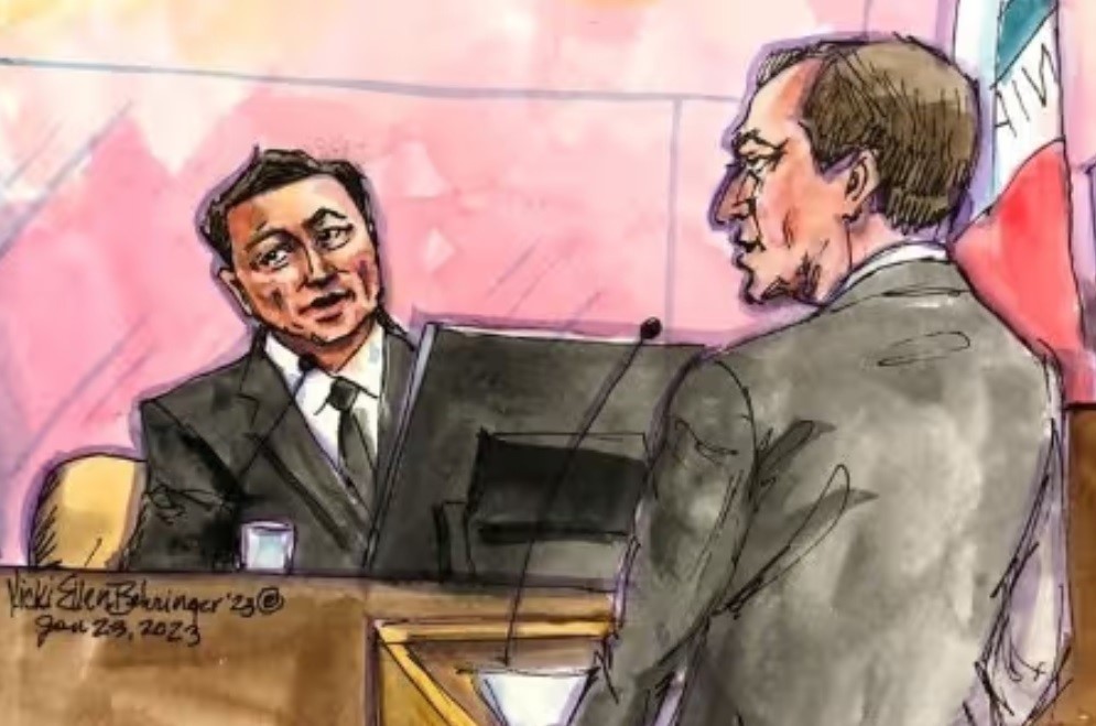 Hand-drawn sketch of Elon Musk being cross-examined by the opposing lawyer in court.