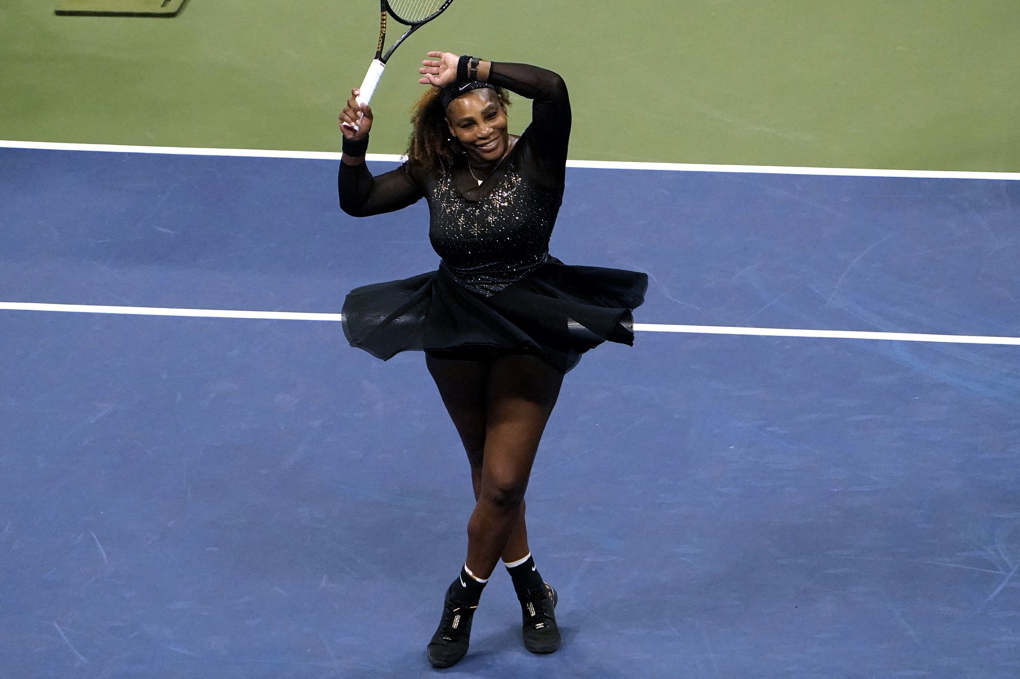 Serena Williams celebrates after winning her match at the US Open.