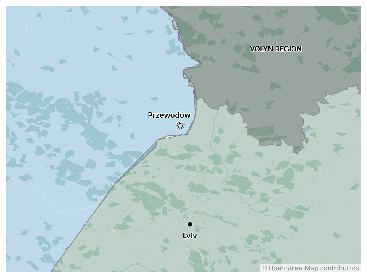 A map shows Poland shaded blue, the village of Przewodow near the border with Ukraine, the western Ukrainian city of Lviv, and the shaded Volyn region