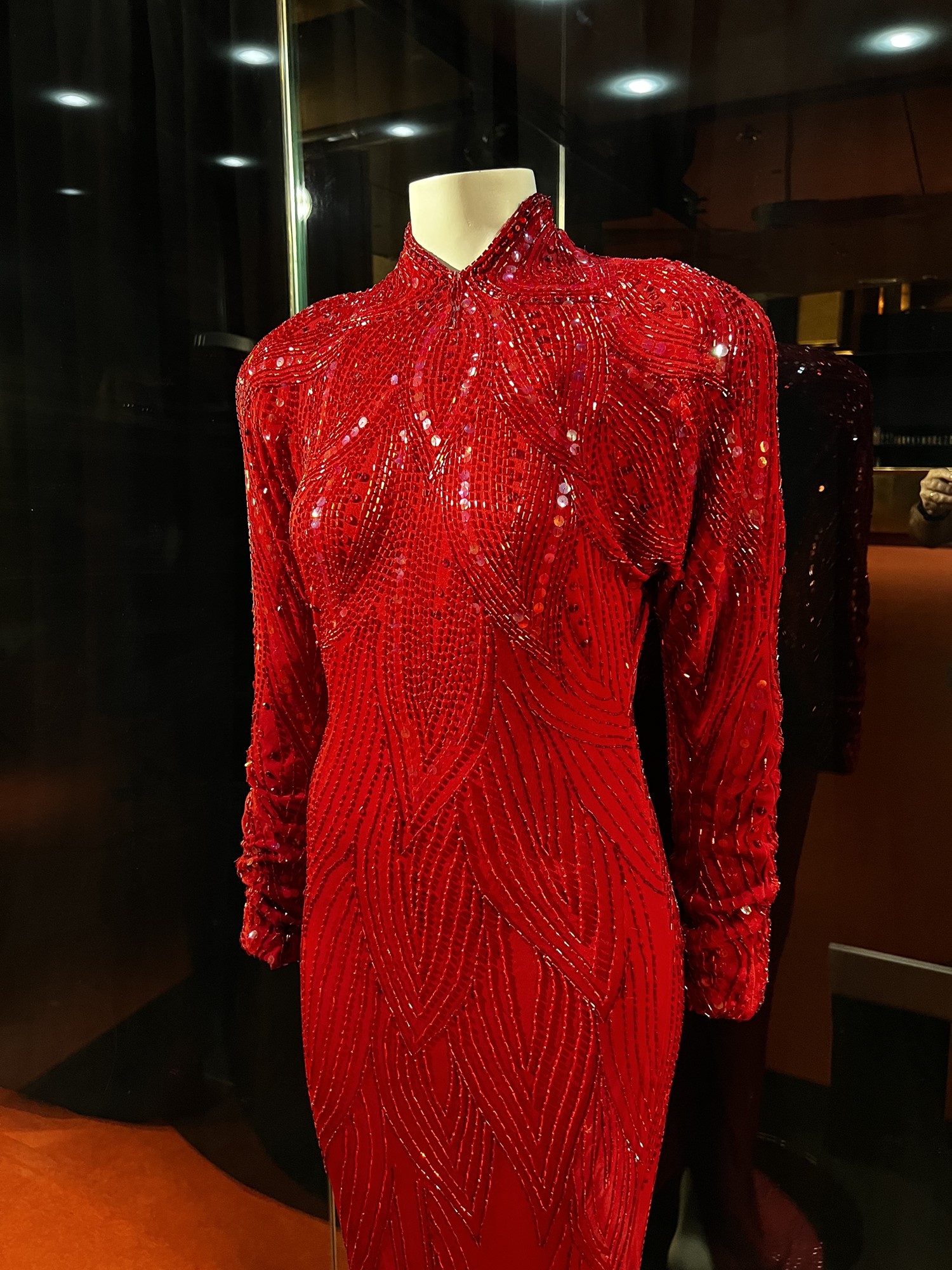 A glittering red dress on a mannequin behind glass.