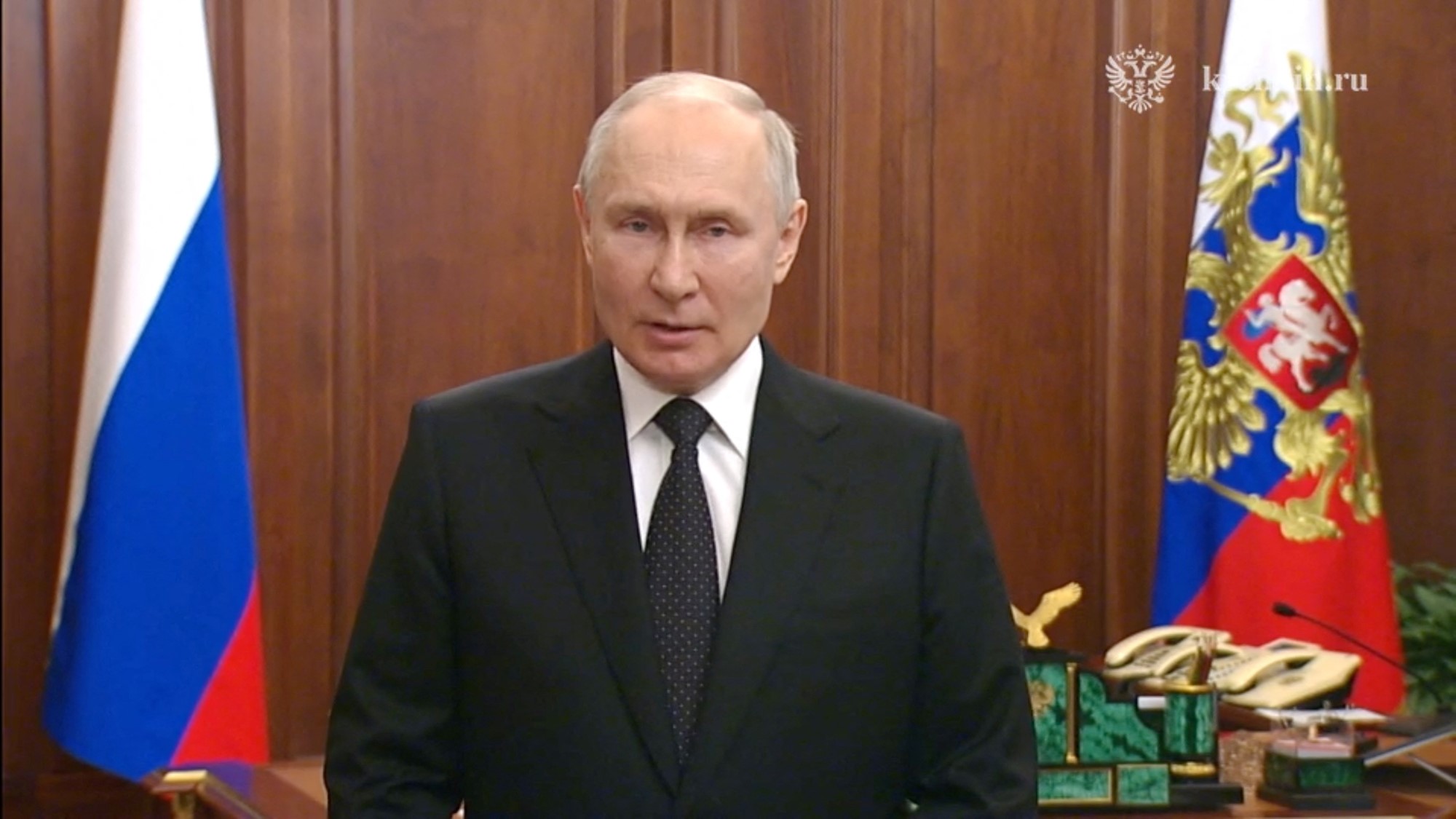 Vladimir Putin speaks during an emergency video address. 