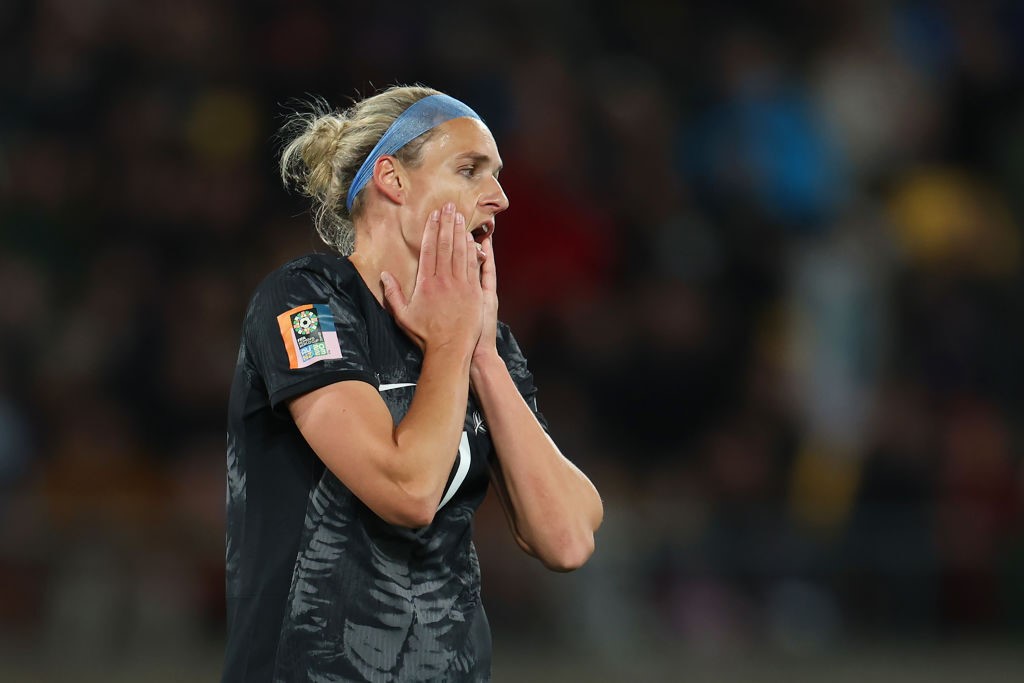 Hannah Wilkinson puts her hands to her face after a goal was disallowed by VAR at the Women's World Cup.