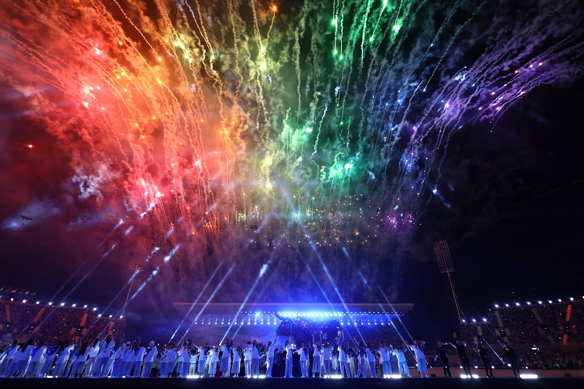 rainbow fireworks fill the sky over alexander stadium