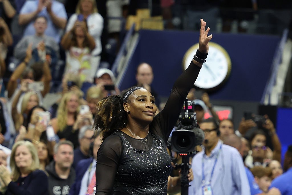 Serena Williams waves to the crowd at Arthur Ashe Stadium at the US Open.