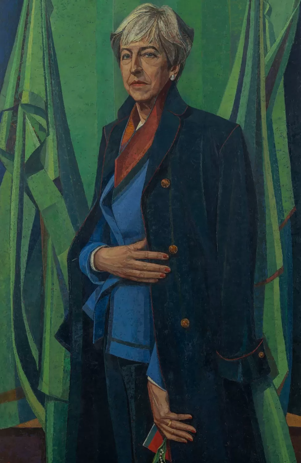 A portrait of Theresa in a dark coat, against a green backdrop, holding a lily of the valley.
