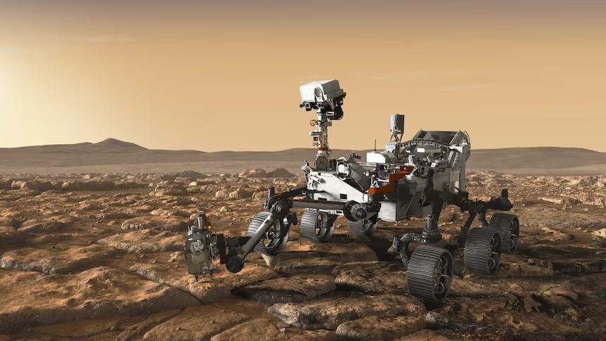 An artist's depiction of a small rover on the surface of Mars