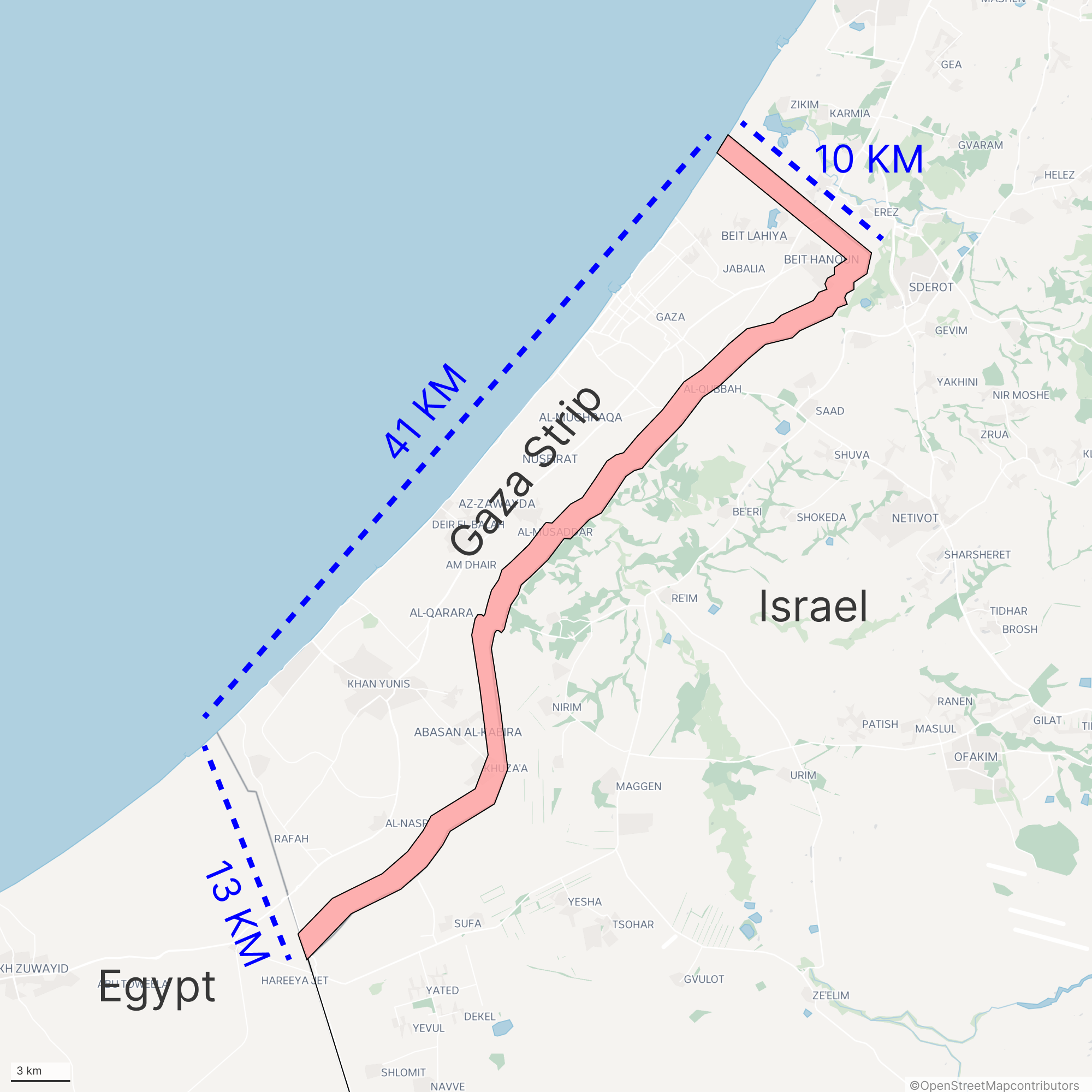 A map of Gaza with highlights showing lengths of it 