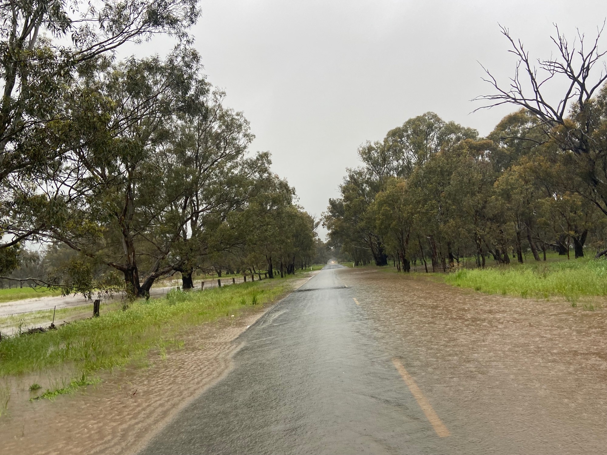 Floodwaters across a regional road.