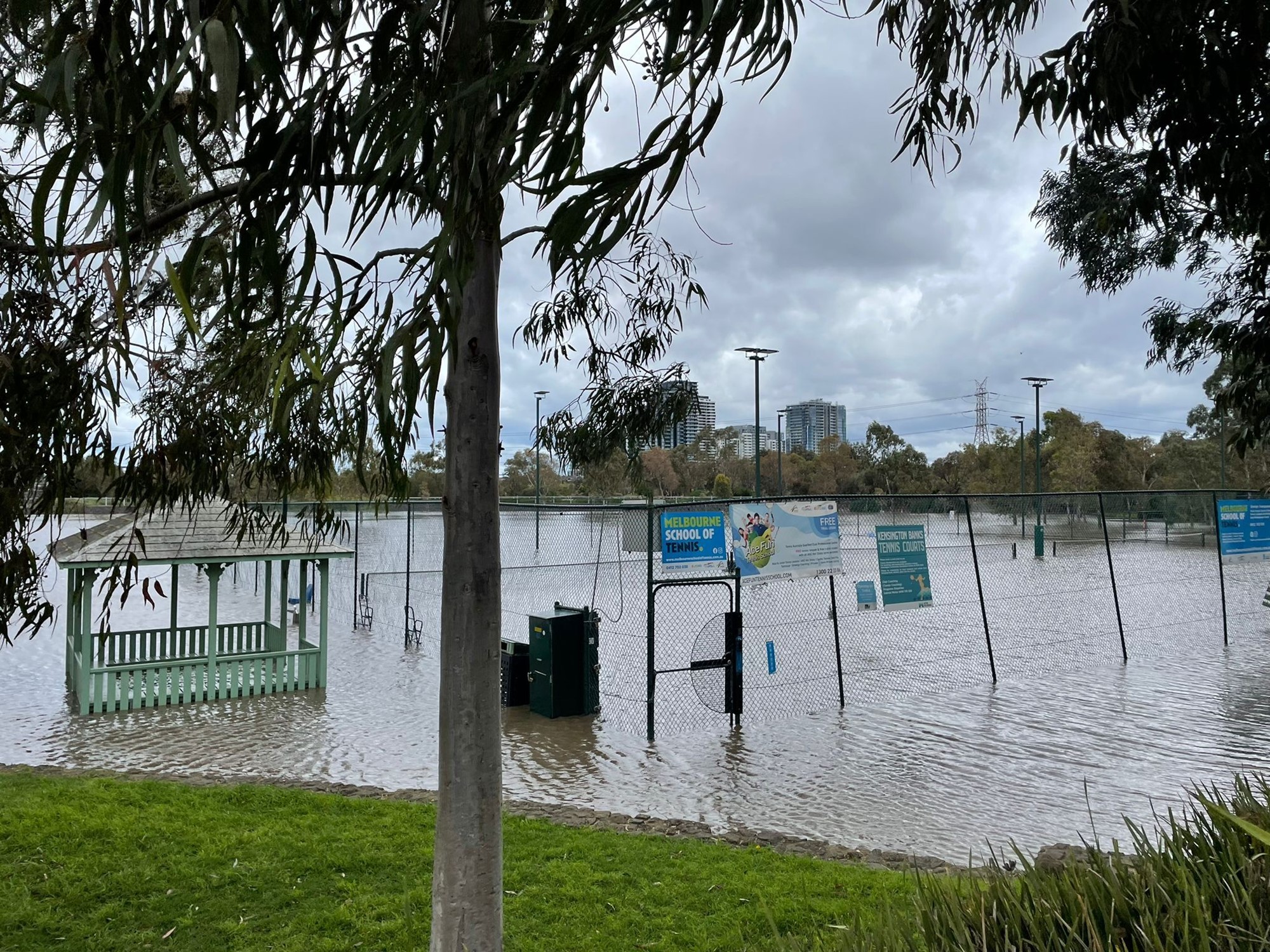Flooded tennis court.