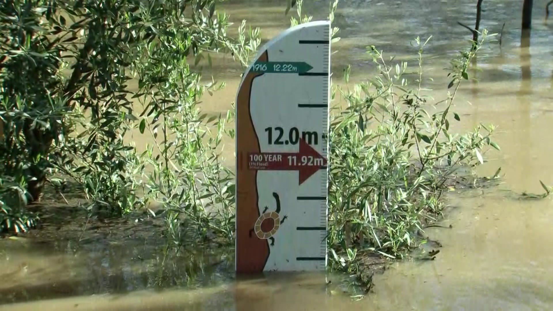 A flood sign showing the river level below 12 metres in depth surrounded by floodwater.