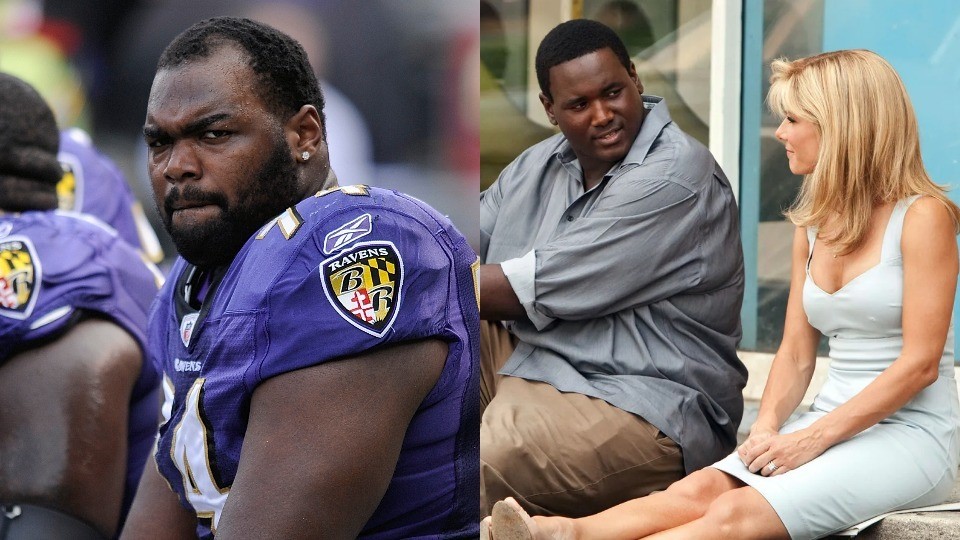 A photo of a black man in an NFL jersey, next to a photo of a black man sitting on a street curb next to a white woman