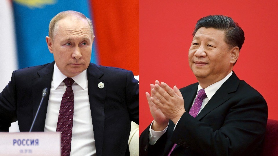 A composite image of Vladimir Putin and Xi Jinping in suits