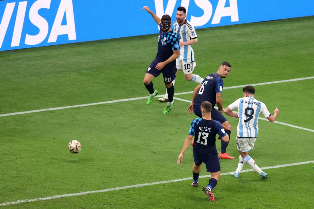 Argentina's Julian Alvarez scores a goal against Croatia in the World Cup semifinal.