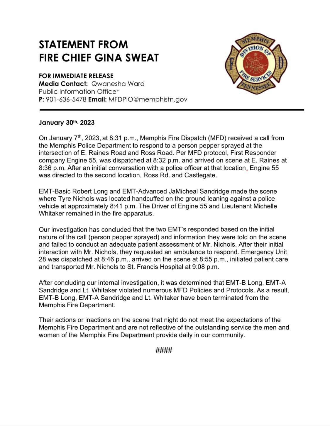 A statement confirming two EMTs have been fired from the Memphis Fire Department.