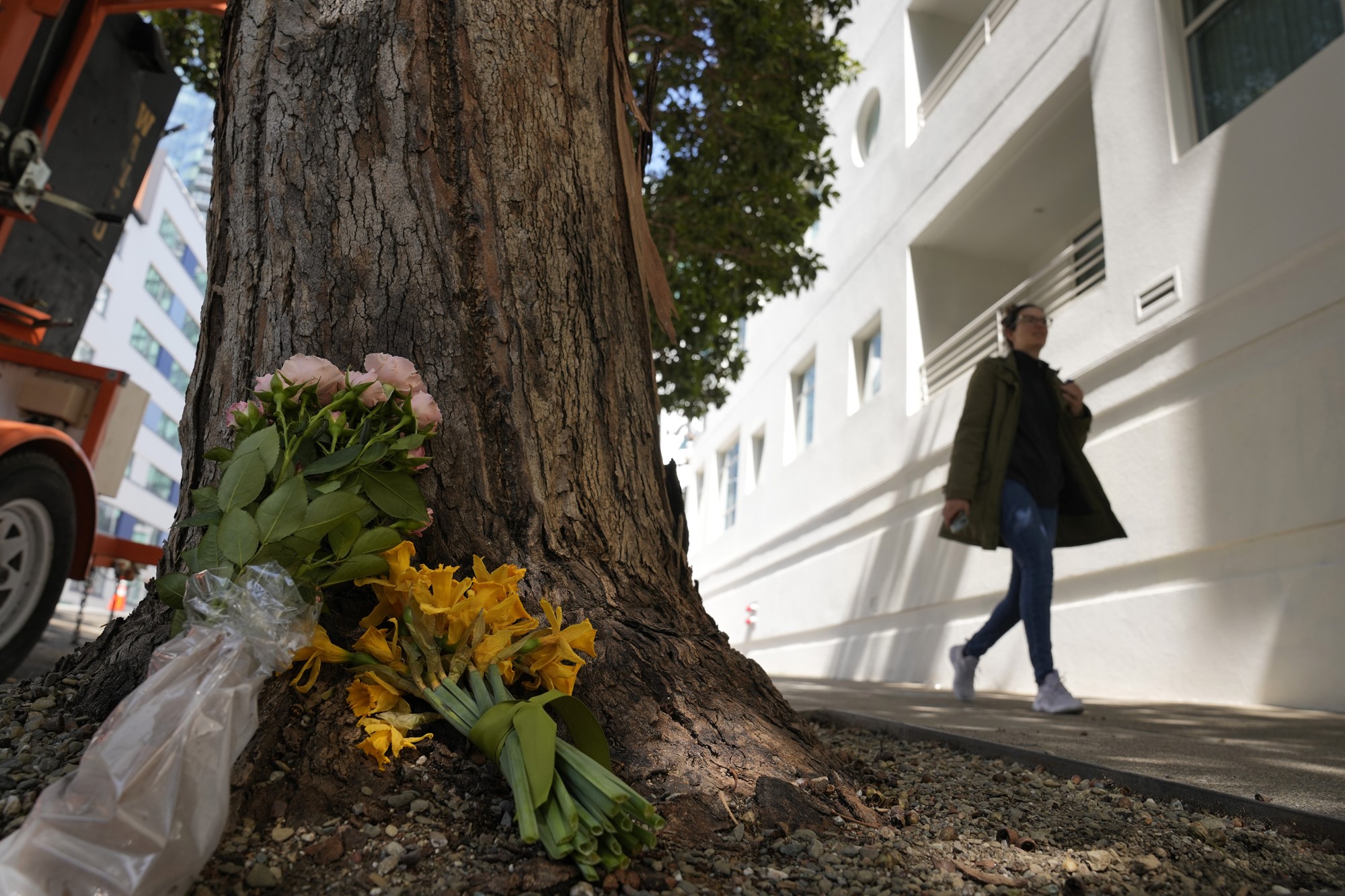 A woman walks past a tree where two bunches of flowers have been propped against the trunk. 