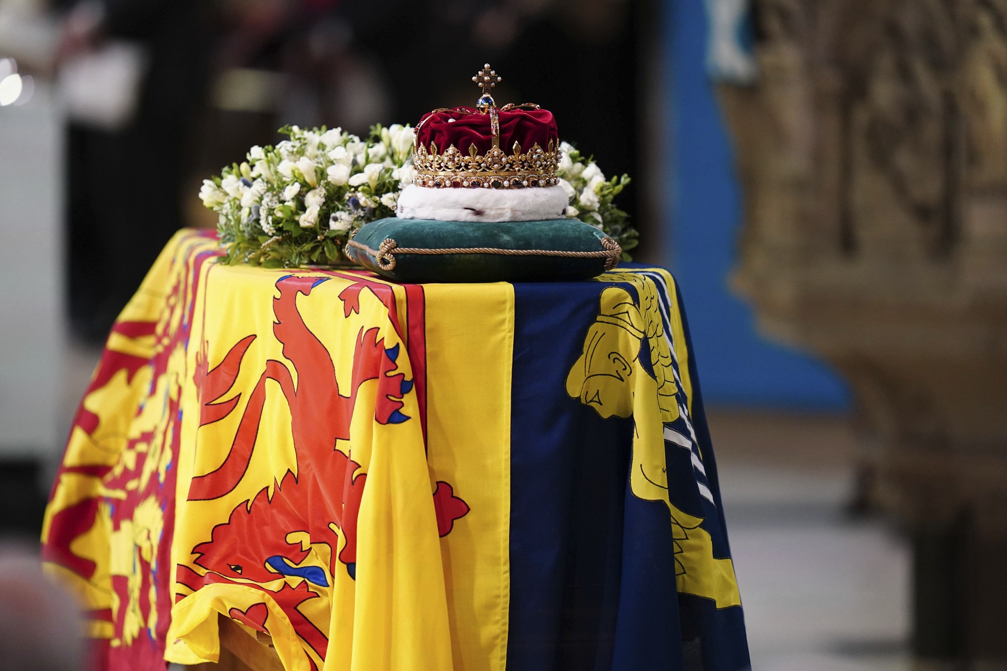 The Crown of Scotland sits atop the coffin of Queen Elizabeth II during a Service of Prayer and Reflection for her life