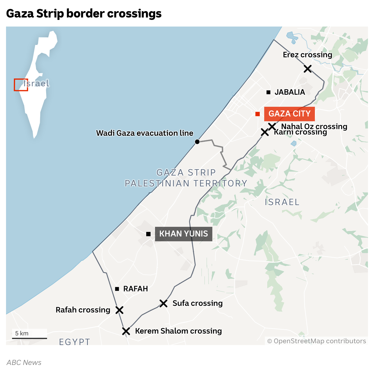 A map of the Gaza Strip showing the various border crossings, major cities and the Israeli army's evacuation line