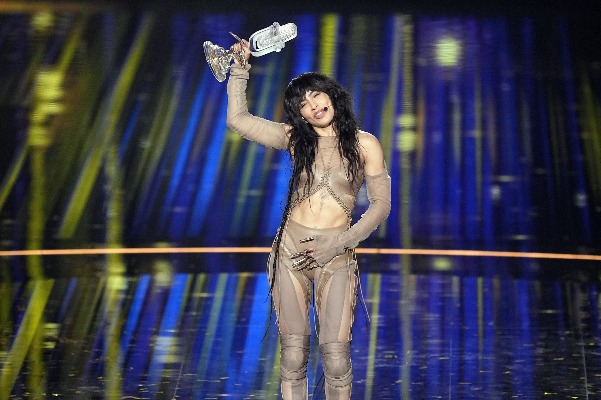 Sweden's Loreen celebrates with the trophy after winning the Eurovision Song Contest