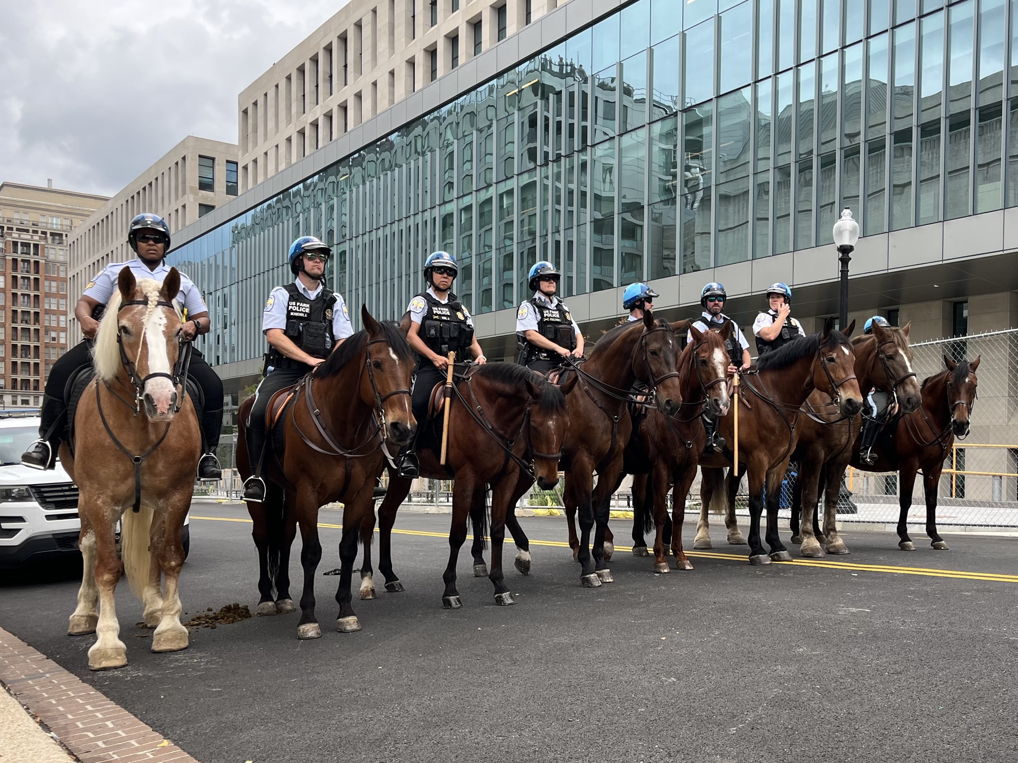 A line of police on horse back block a road