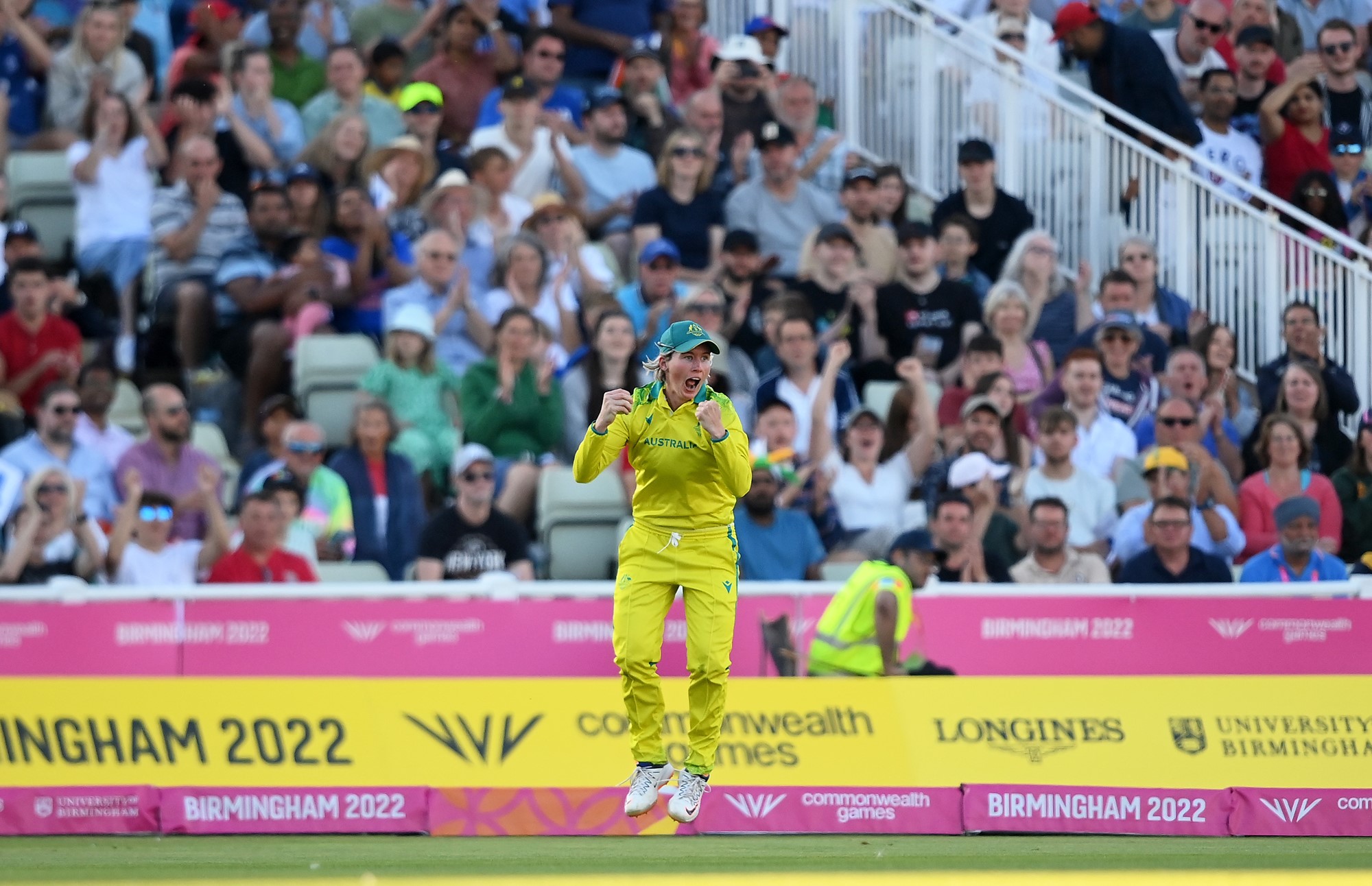 Beth Mooney celebrates a catch in front of the Edgbaston crowd in the Commonwealth Games cricket final.