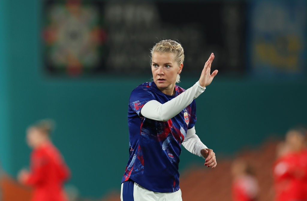 Norway football player Ada Hegerberg holds up her hand during warm-ups at the Women's World Cup,