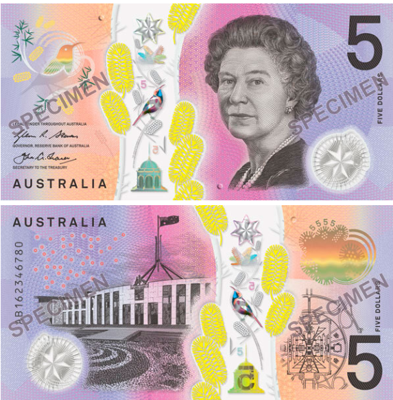 $5 note with Queen Elizabeth & Australian Parliament