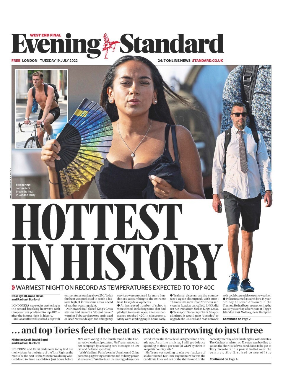 A newspaper frontpage says hottest in history.