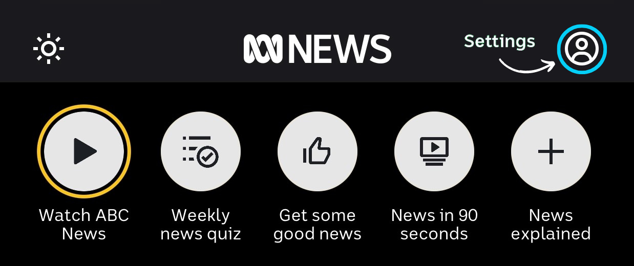 A screenshot of the top of the ABC News iOS app in dark mode with a blue circle and arrow pointing to the settings icon in the top right hand corner.