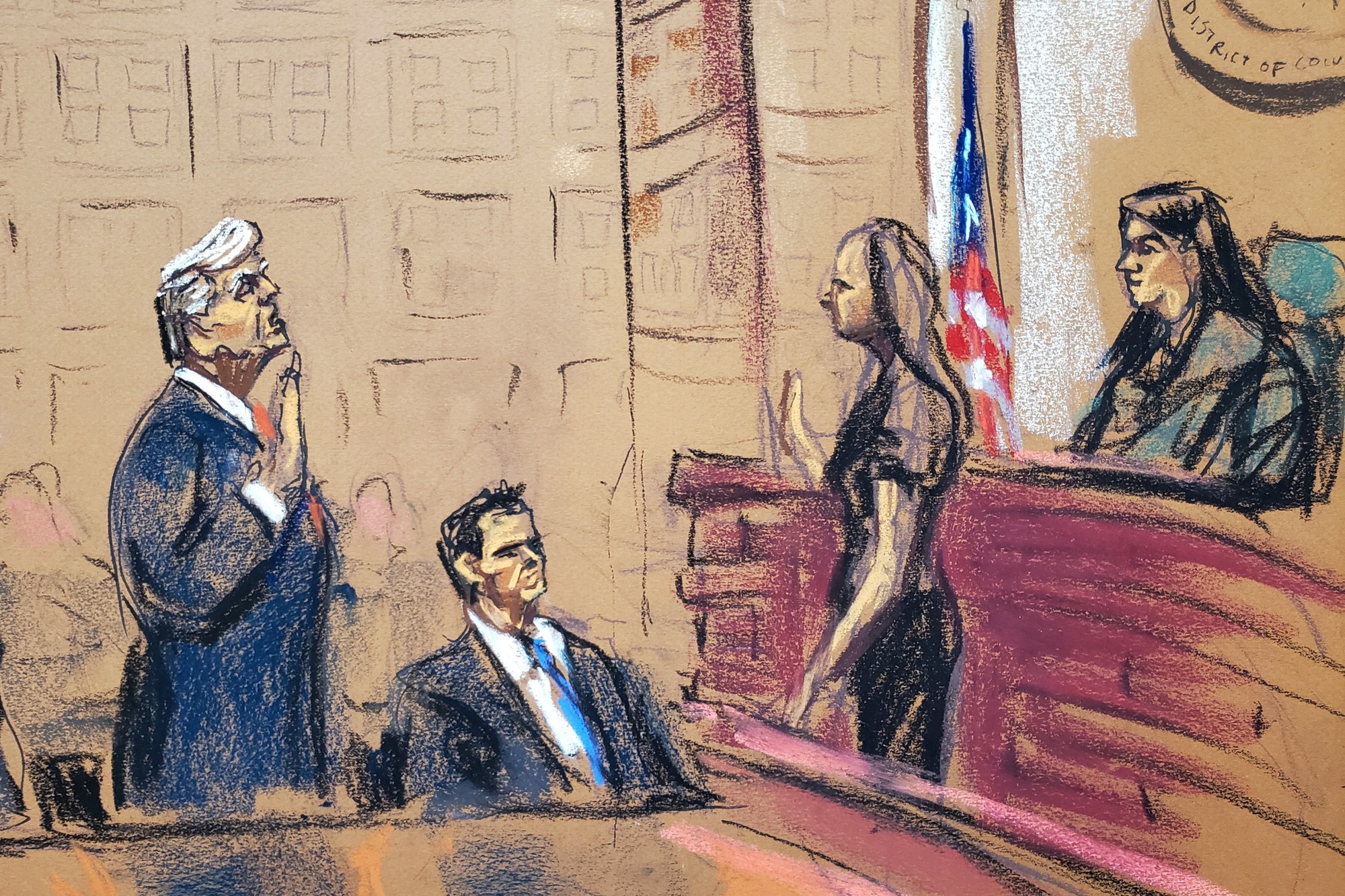 A court sketch of Donald Trump in court.