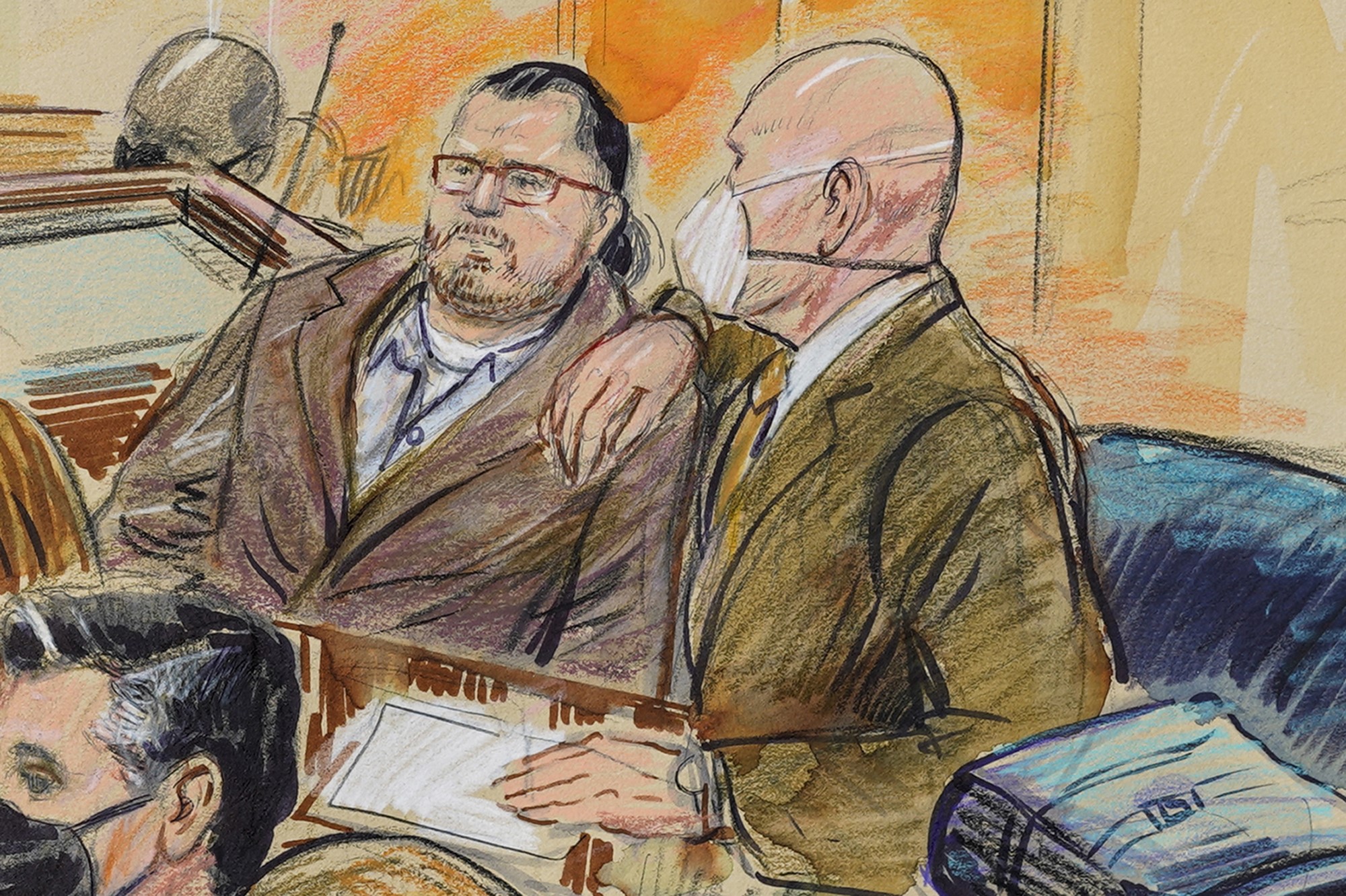 A courtroom sketch of Guy Wesley Reffitt, joined by his lawyer William Welch, right.