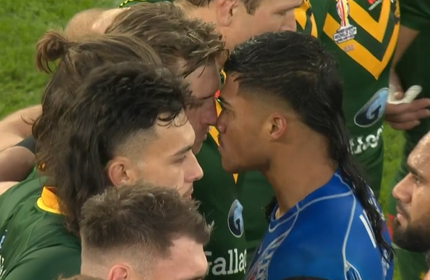 Brian To'o nose to nose with Cameron Munster before the Rugby League World Cup final.