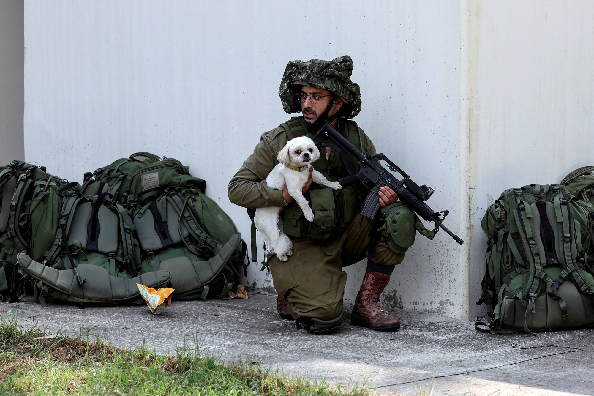 A soldier holding a small white dog. 