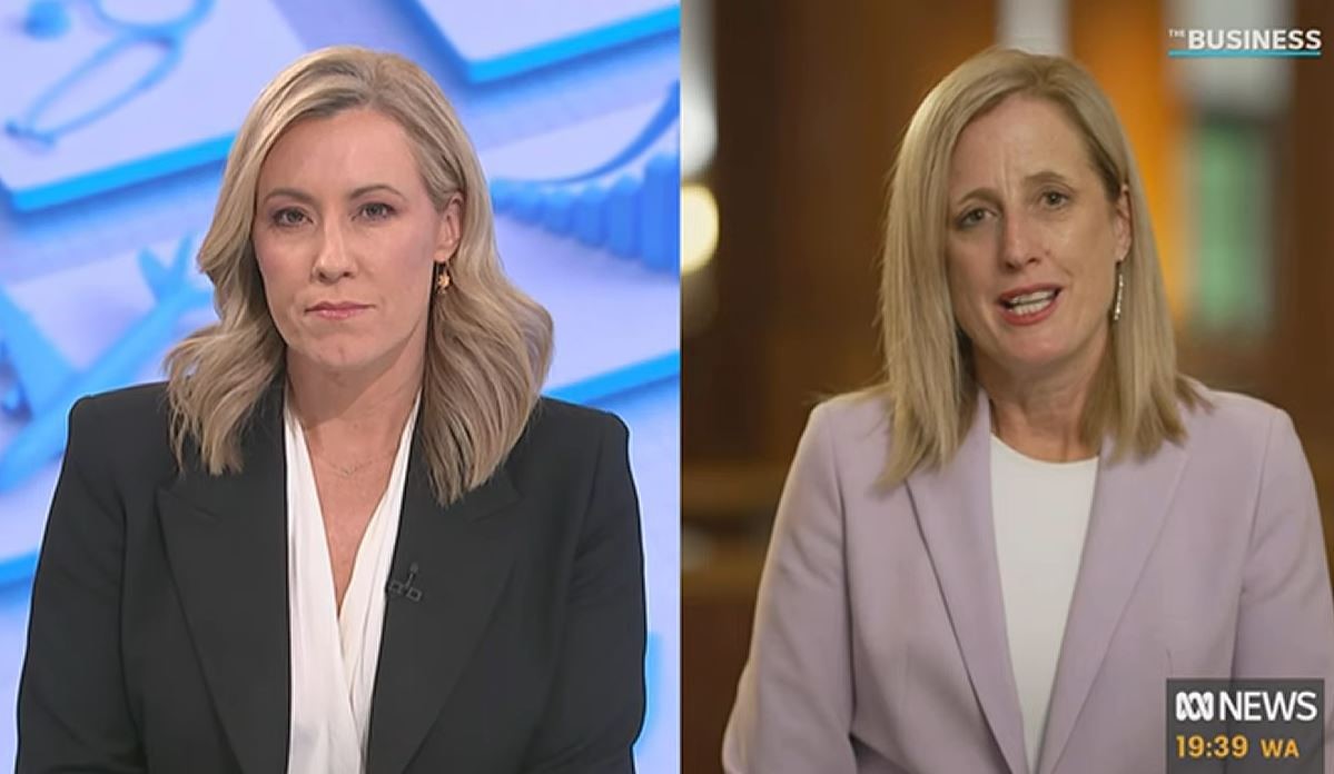 A split screen of two blonde women talking.