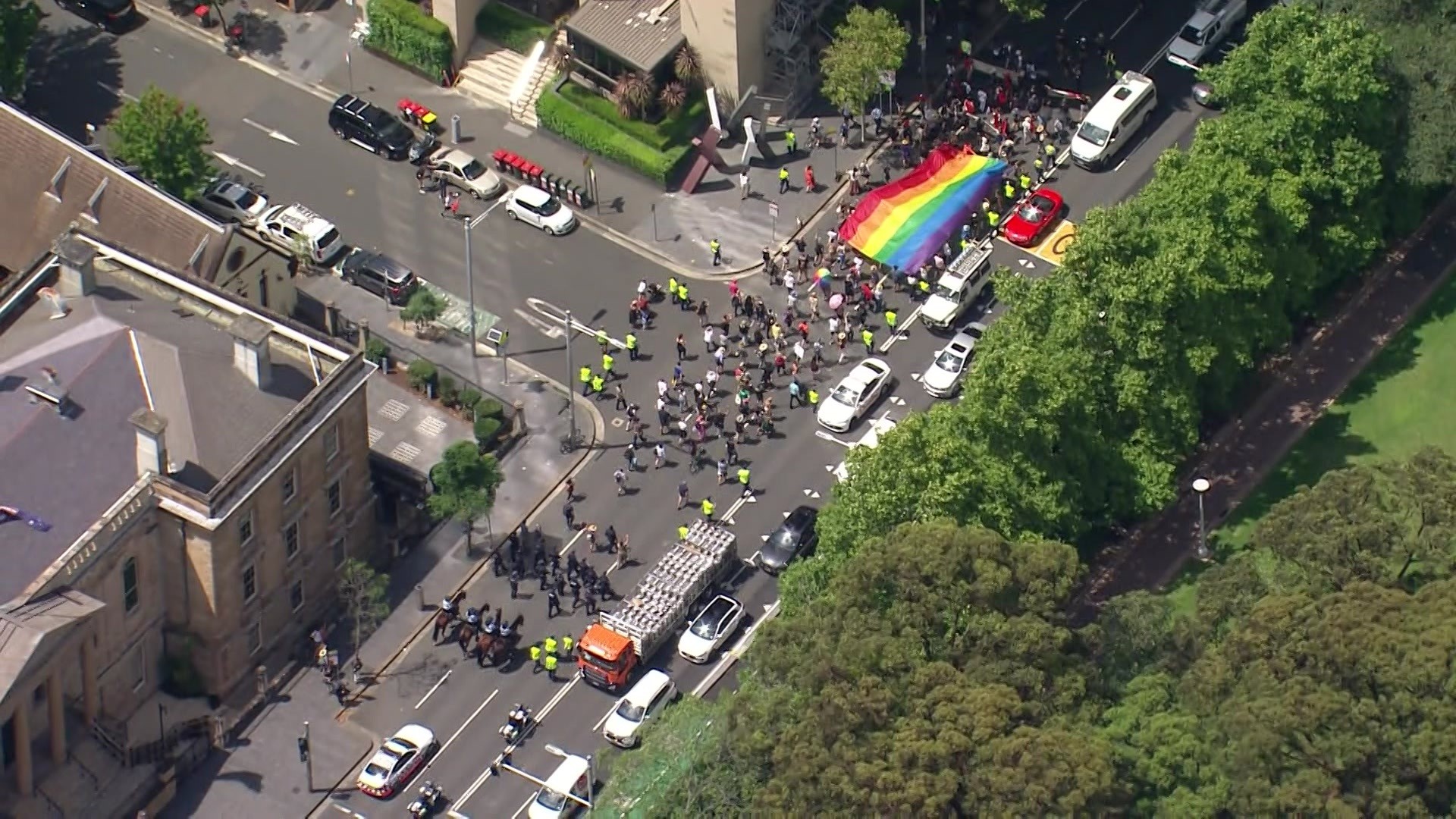 Aerial view of marchers
