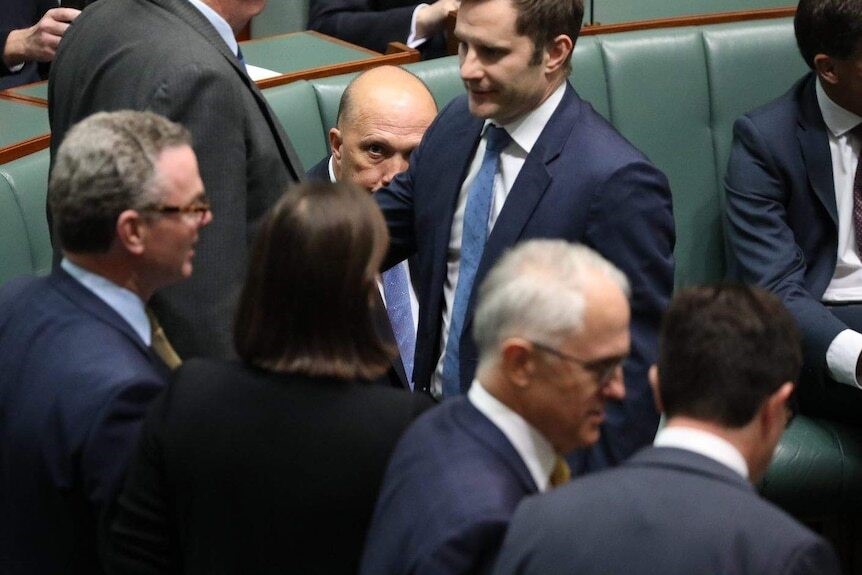 Dutton looks at Turnbull through a sea of cabinet minister in parliament.
