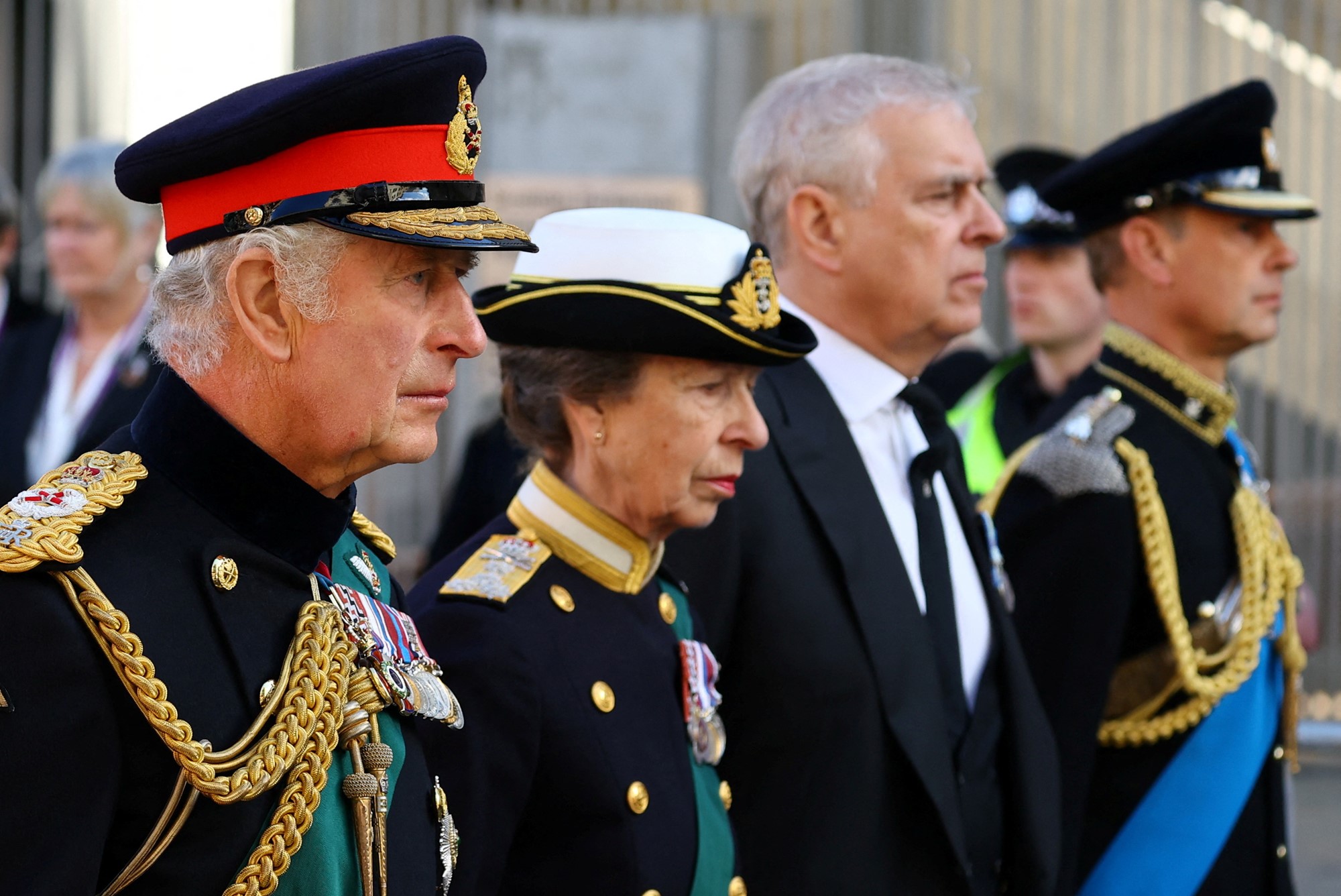 Britain's King Charles, Princess Anne and Prince Andrew, Duke of York, follow the hearse carrying the coffin of Britain's Queen Elizabeth in Edinburgh