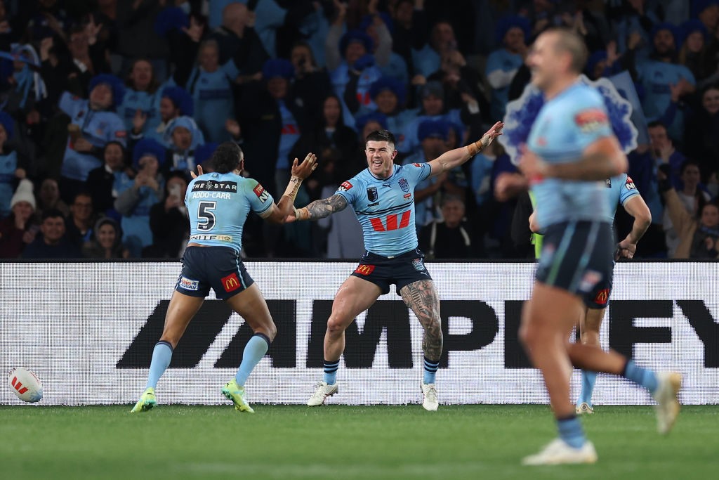 Bradman Best and Josh Addo-Carr dance after a State of Origin try.