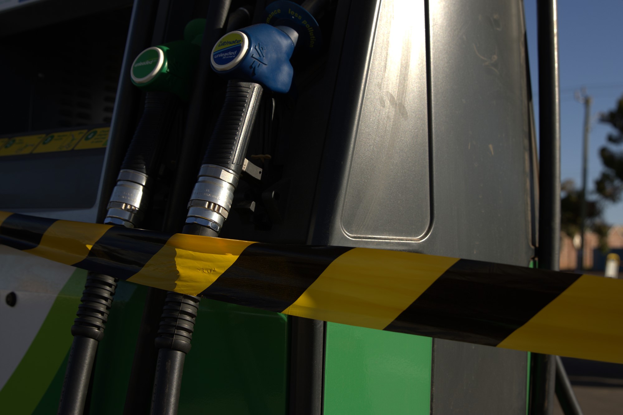 Yellow tape closes off fuel pumps