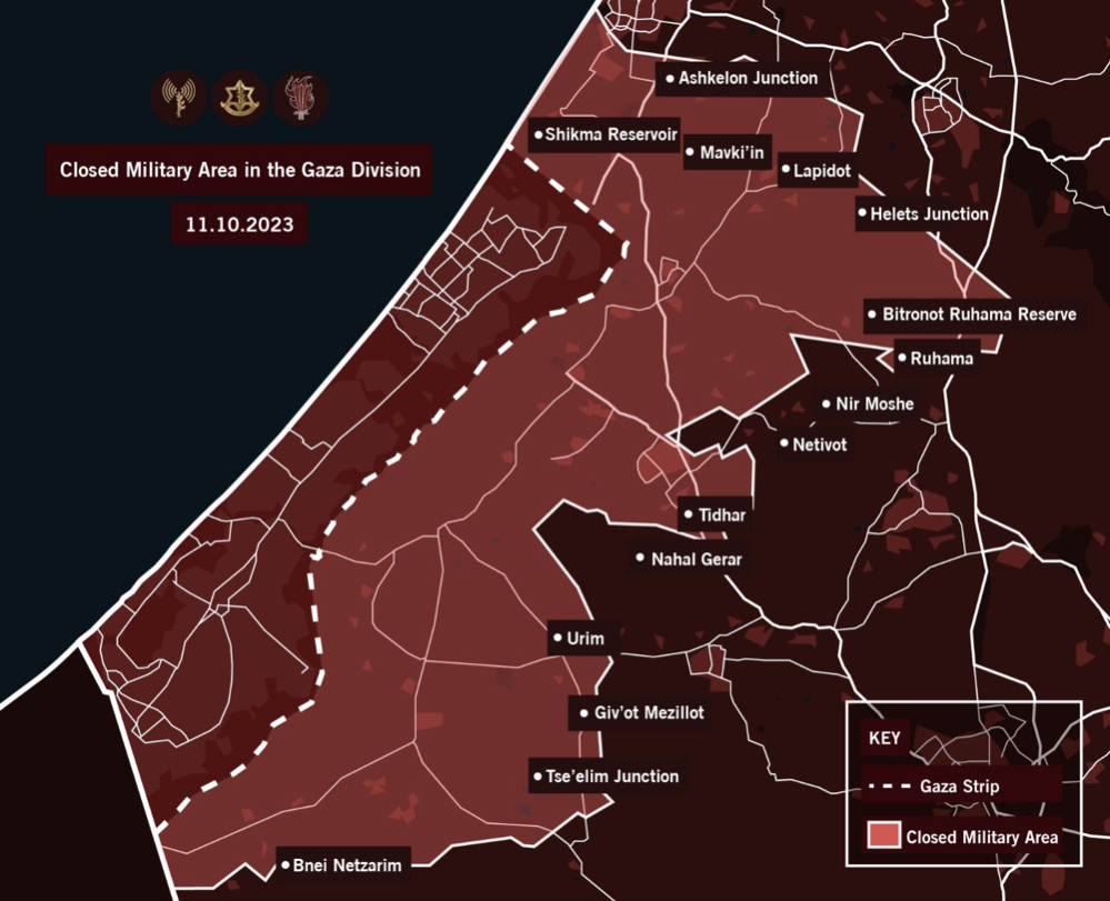 A red-tinged map shows a large area of southern Israel off-limits around Gaza.