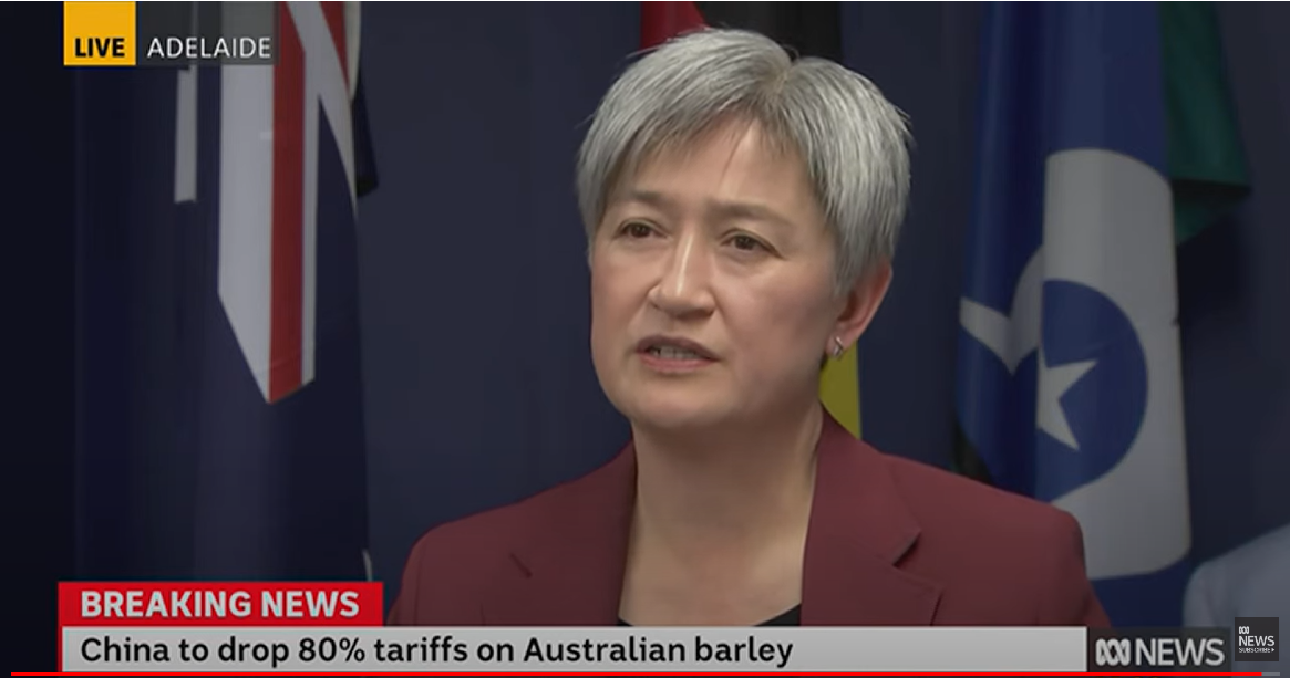 A woman in a press room in adelaid with australia and torres strait flags visible. She has short grey hair and red blazer on