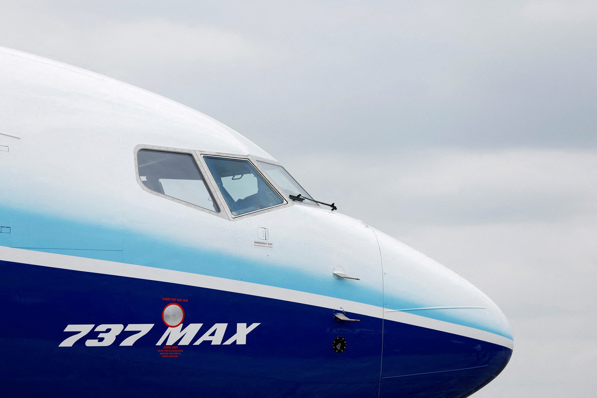 The Boeing 737 MAX aircraft is displayed at the Farnborough International Airshow