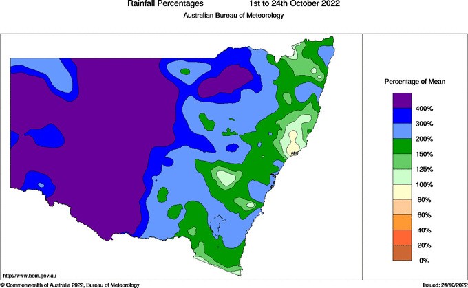 A map showing the rainfall percentages in NSW from October 1st to 24th.