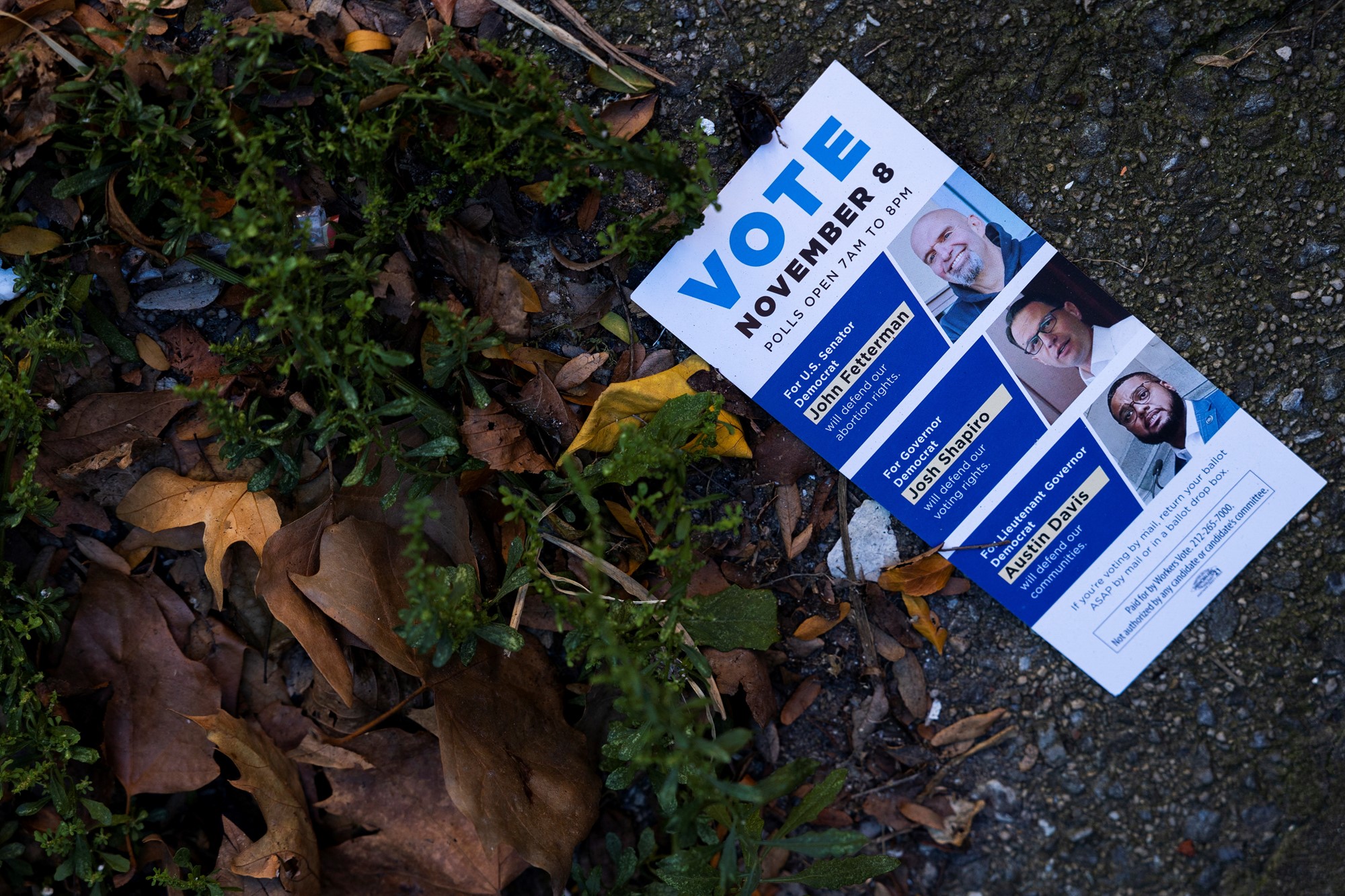 A vote pamphlet on the ground next to some leaves.