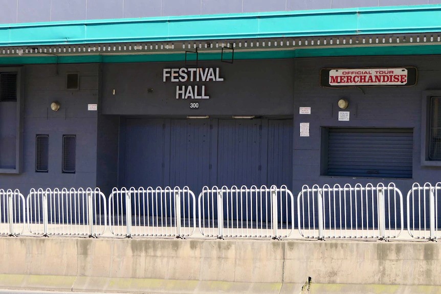 The exterior of Festival Hall in Melbourne, with closed doors