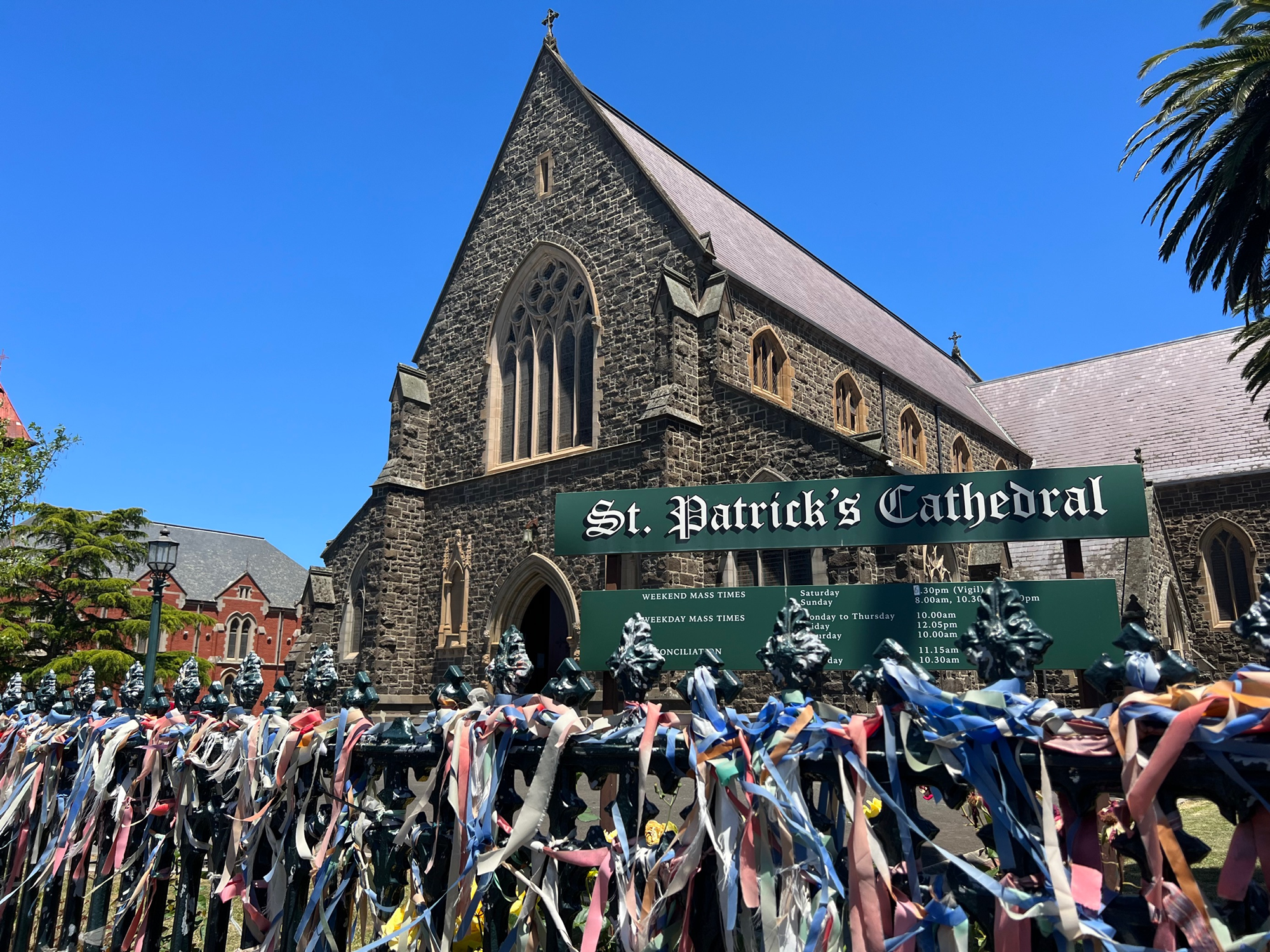 Ribbons tied on the fence of St Patrick's Cathedral in Ballarat