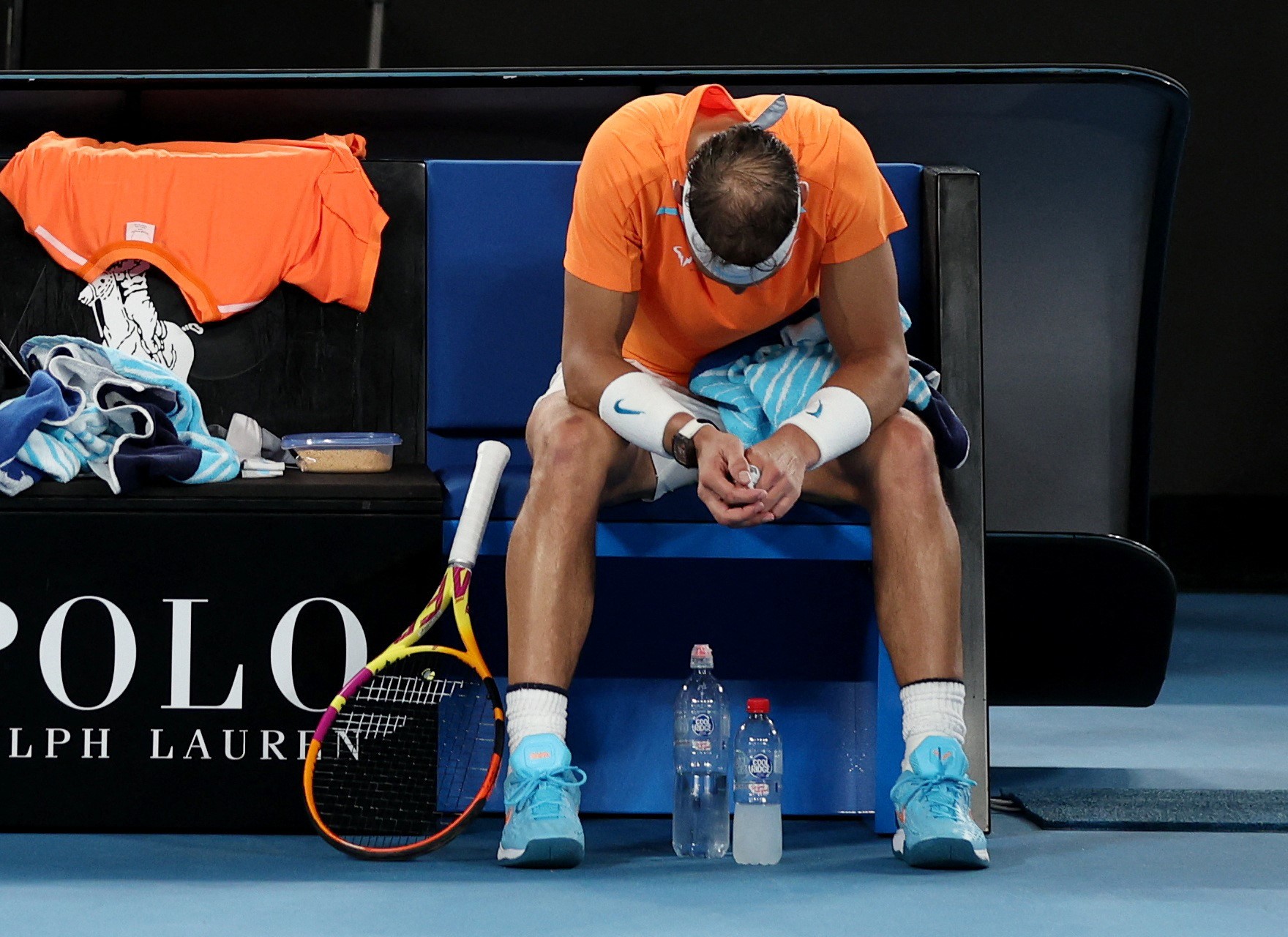 Rafael Nadal hangs his head.