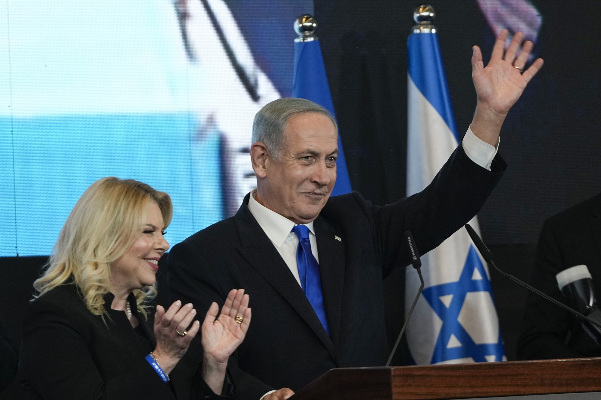 Benjamin Netanyahu, former Israeli Prime Minister and the head of Likud party, accompanied by his wife Sara