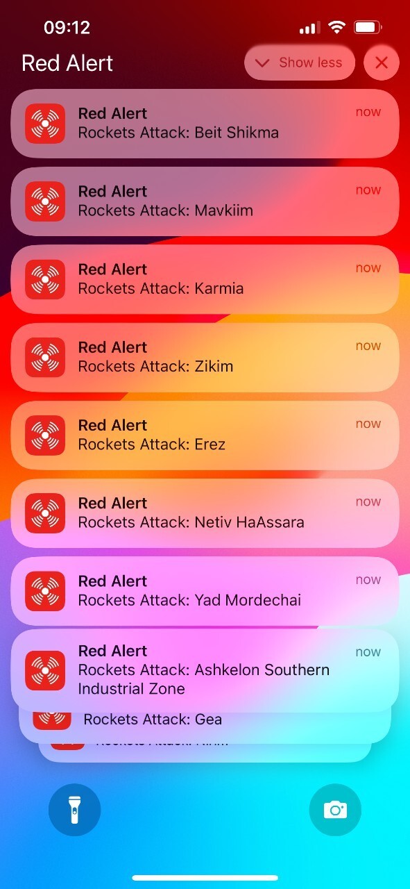 A screenshot of a smartphone with multiple alerts for rockets on it.