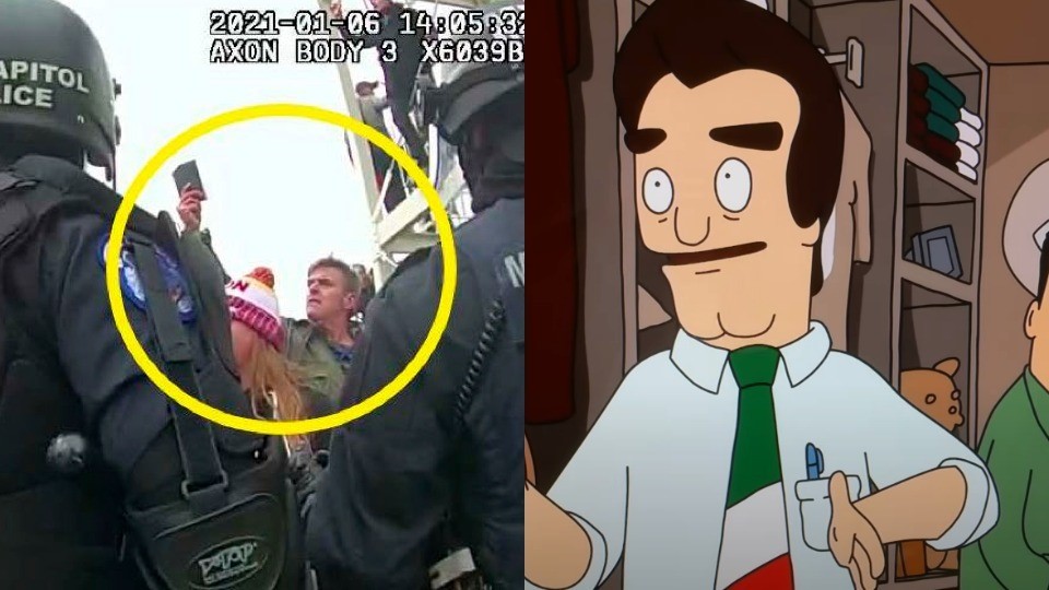A composite of a police bodycam screenshot of a man holding up a phone near armed officers, and character Jimmy Pesto from the animated show Bob's Burgers