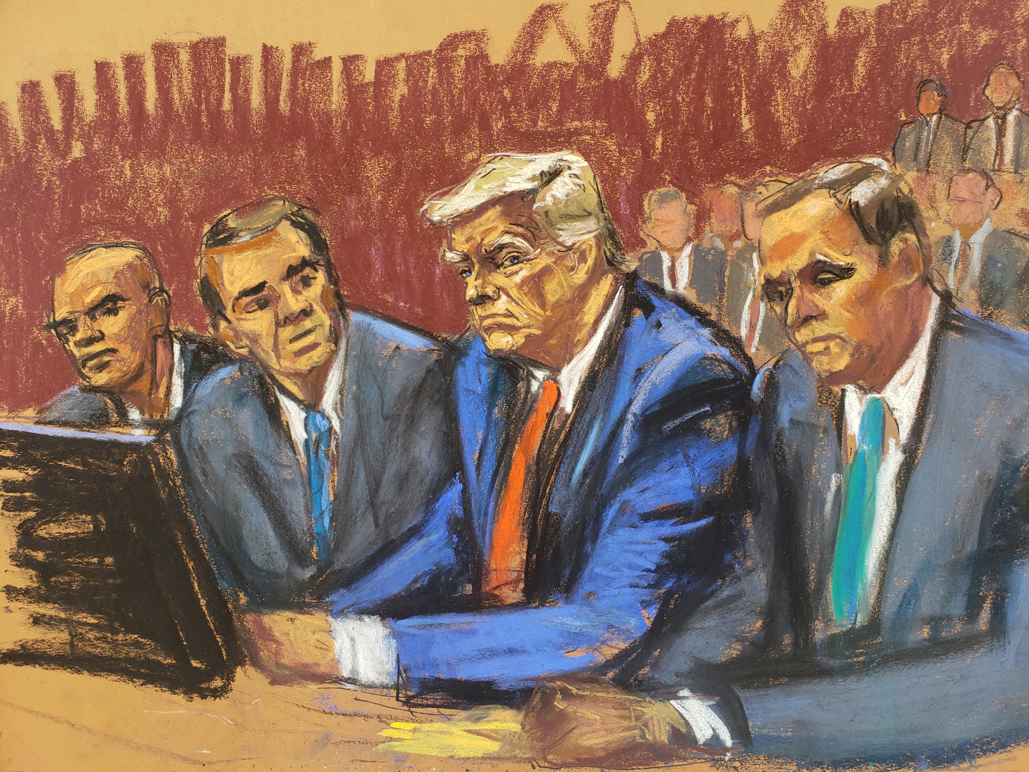 A sketch of Donald Trump and his legal team in court. 